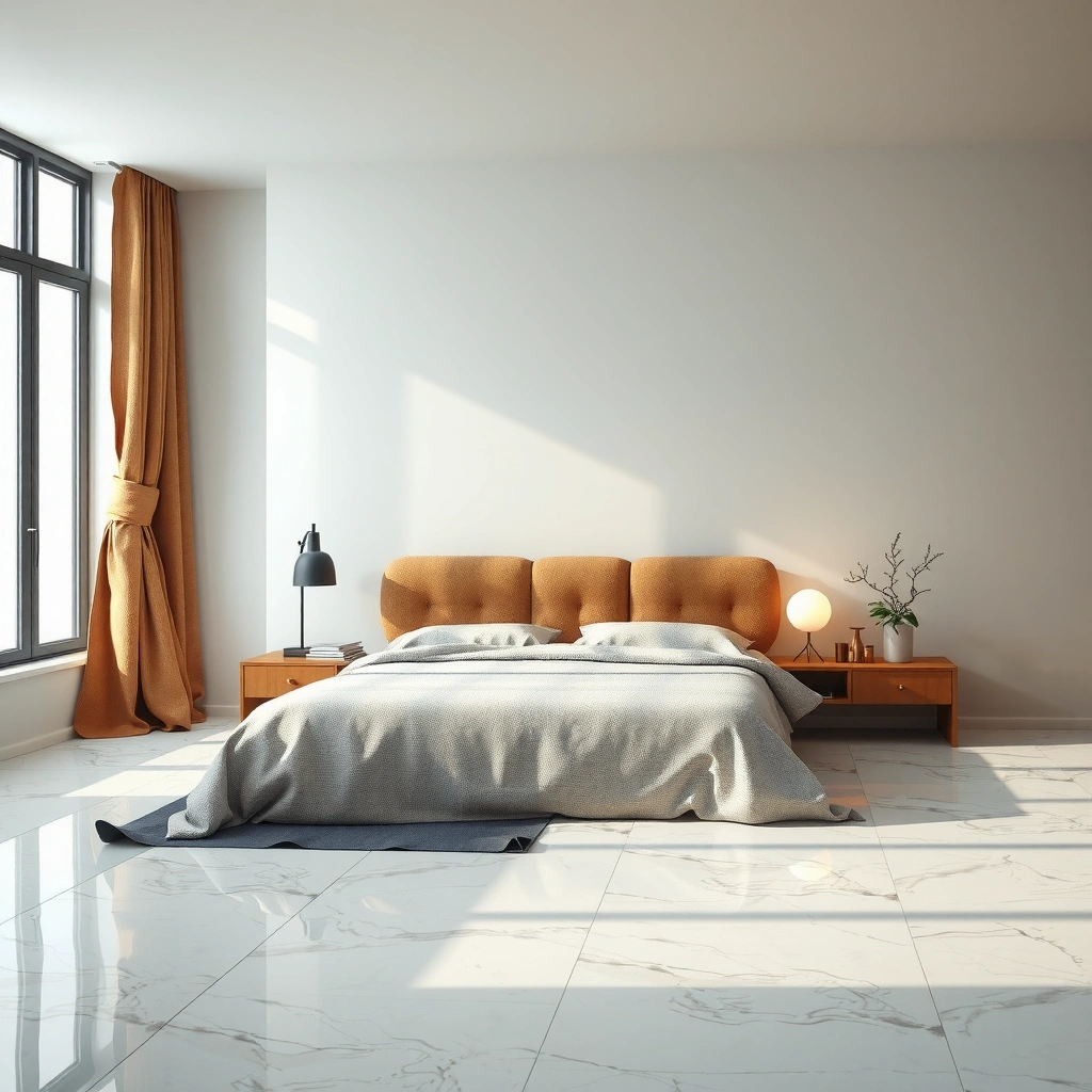 Layout planning for marble floors in a bedroom, showcasing marble tile options and arrangement.
