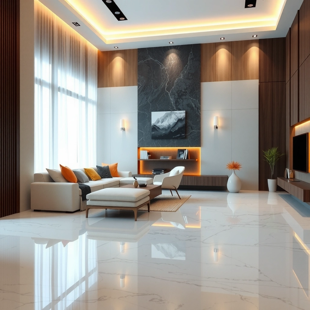 A homeowner planning the layout for marble floors in a living room before applying mortar.