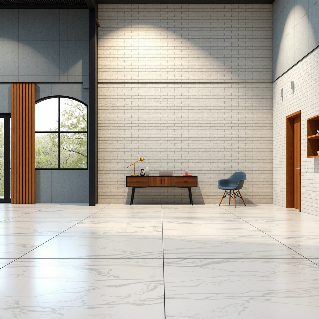 Measuring tools and granite slab for cutting preparation in flooring project