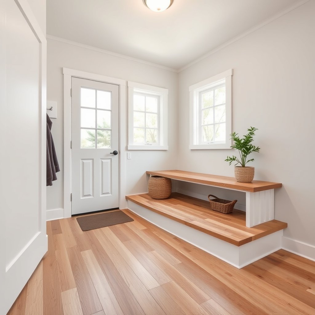 Diagram showing moisture considerations and layout planning for engineered wood floors in a mudroom