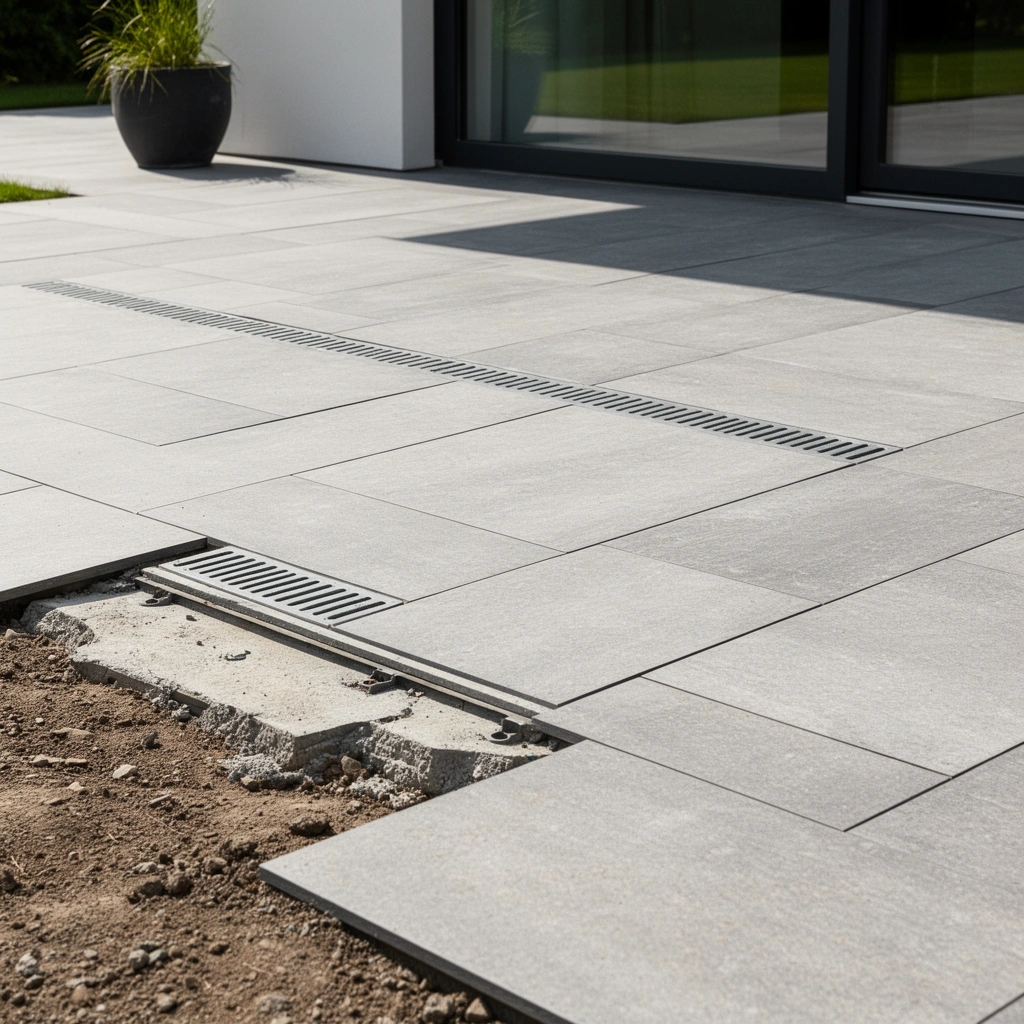 Diagram showing drainage, layout, and product selection for outdoor flooring installation