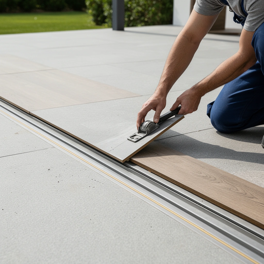 Measuring heights and selecting the right profile for outdoor floor transitions.