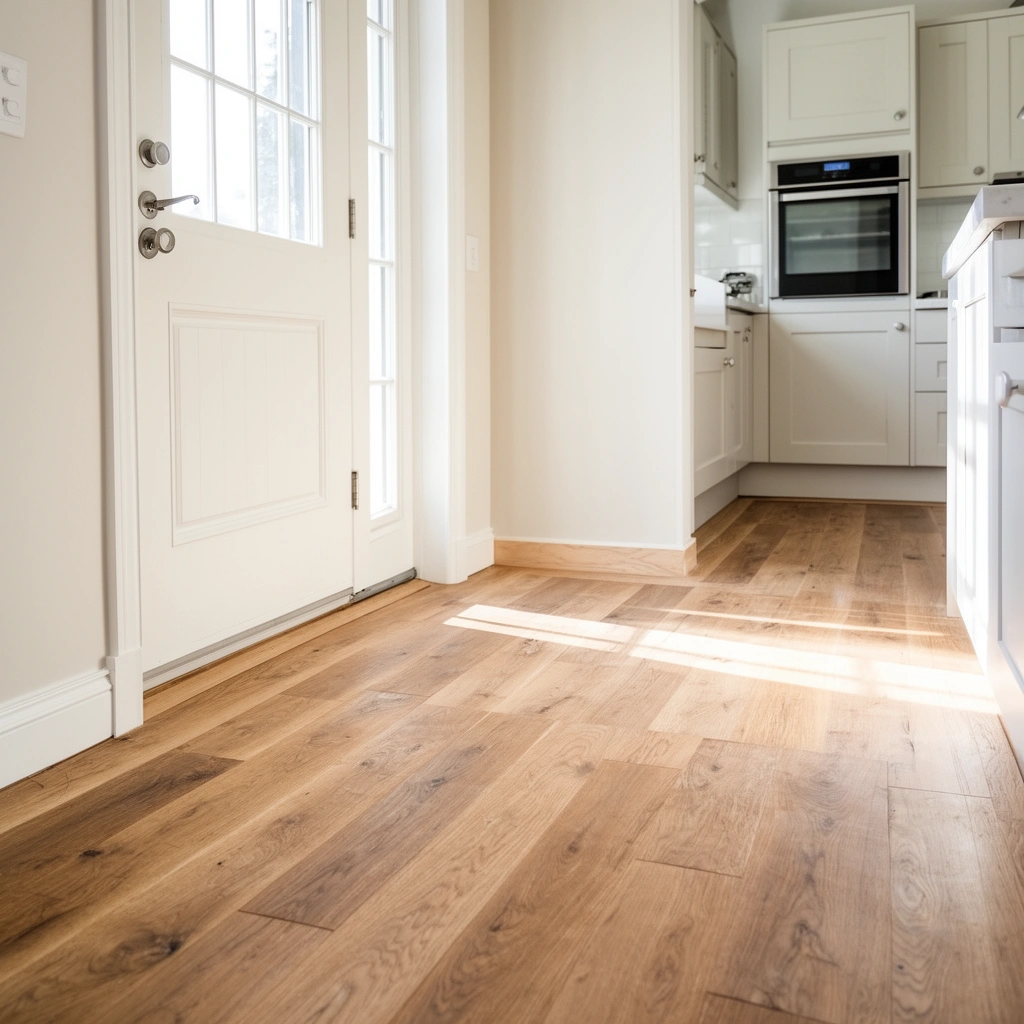 Diagram showing planned pathways, thresholds, and clearances for kitchen floor installation around doors.