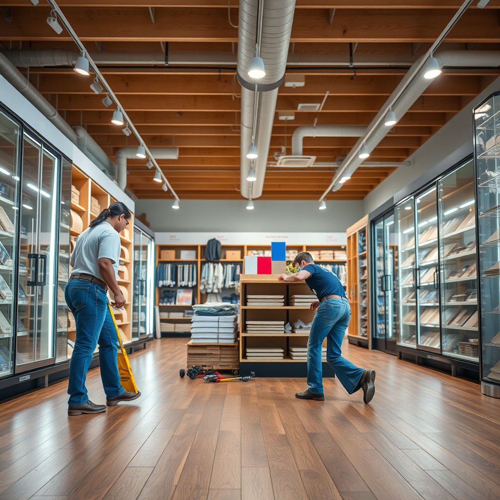 Diagram showing planning for safe hardwood floor replacement in a retail store.