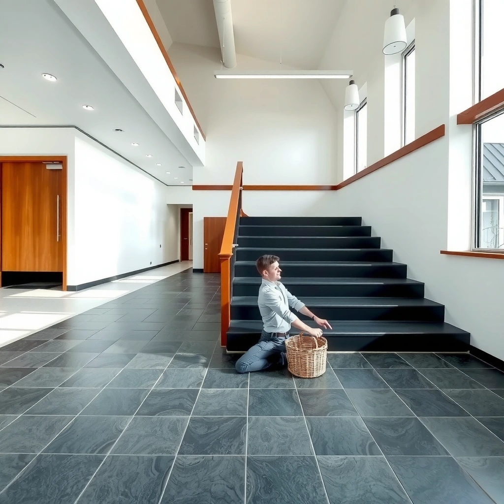 Measuring stair treads for rubber floor installation around stairs.