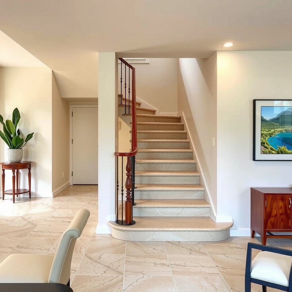 Diagram showing the layout of treads, risers, and edges for travertine flooring around stairs.
