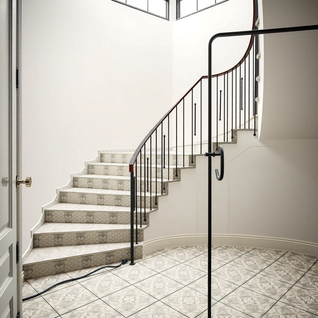Diagram showing the planned layout and orientation of mosaic tiles on stairs for installation.
