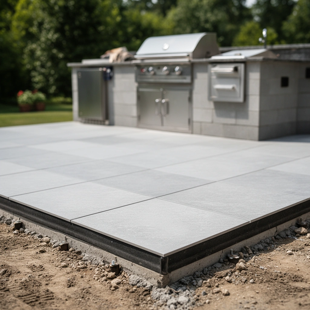 Illustration showing how to level the base and create proper slope for outdoor kitchen flooring installation.