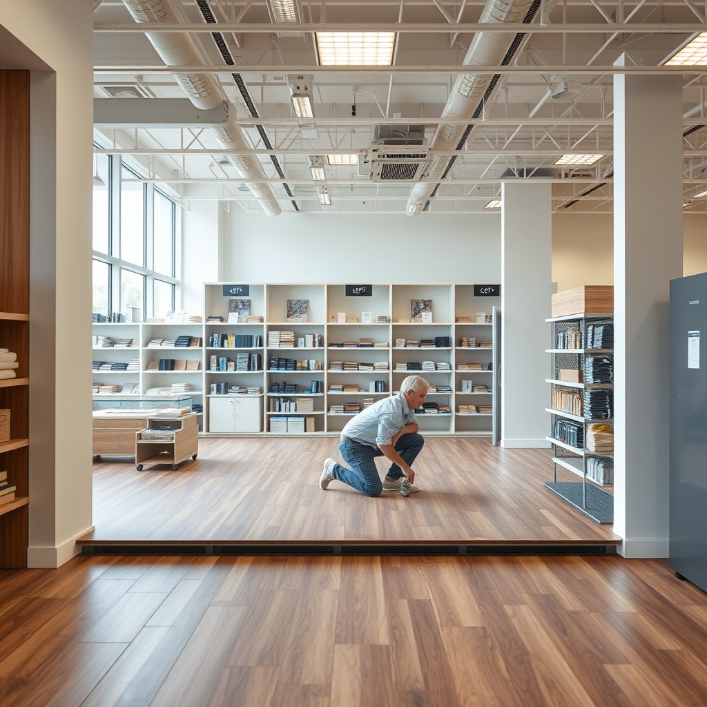 Different types of transitions for laminate flooring installation in a retail store setting.