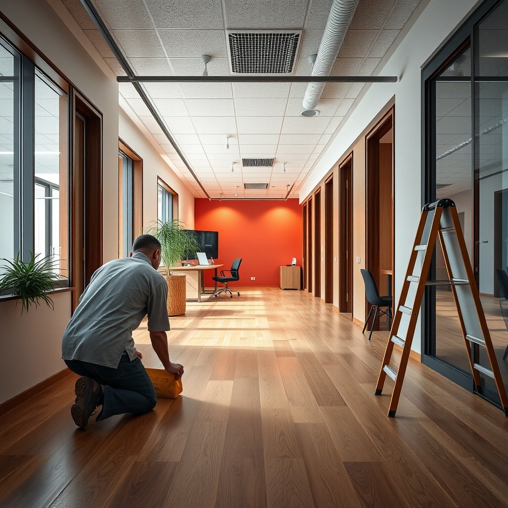 A detailed plan for scheduling and traffic control for vinyl floor installation in a commercial office.