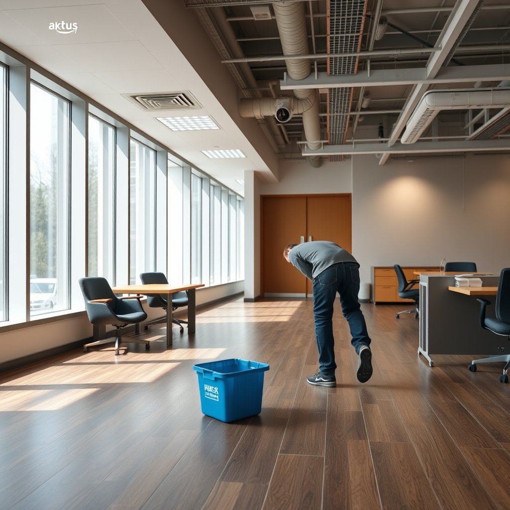 An office layout plan for replacing vinyl floors, highlighting installation details.