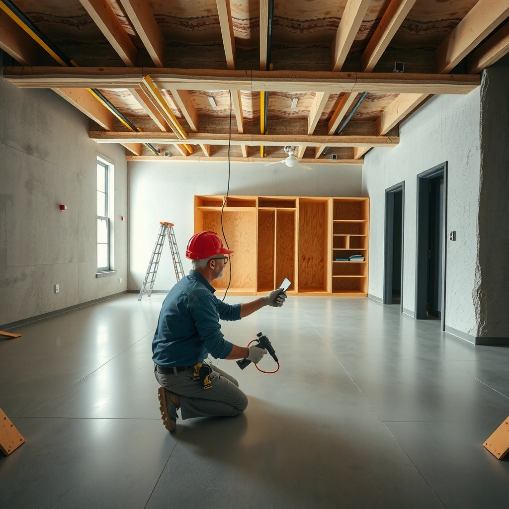 A person planning a concrete floor installation project with tools and materials laid out.