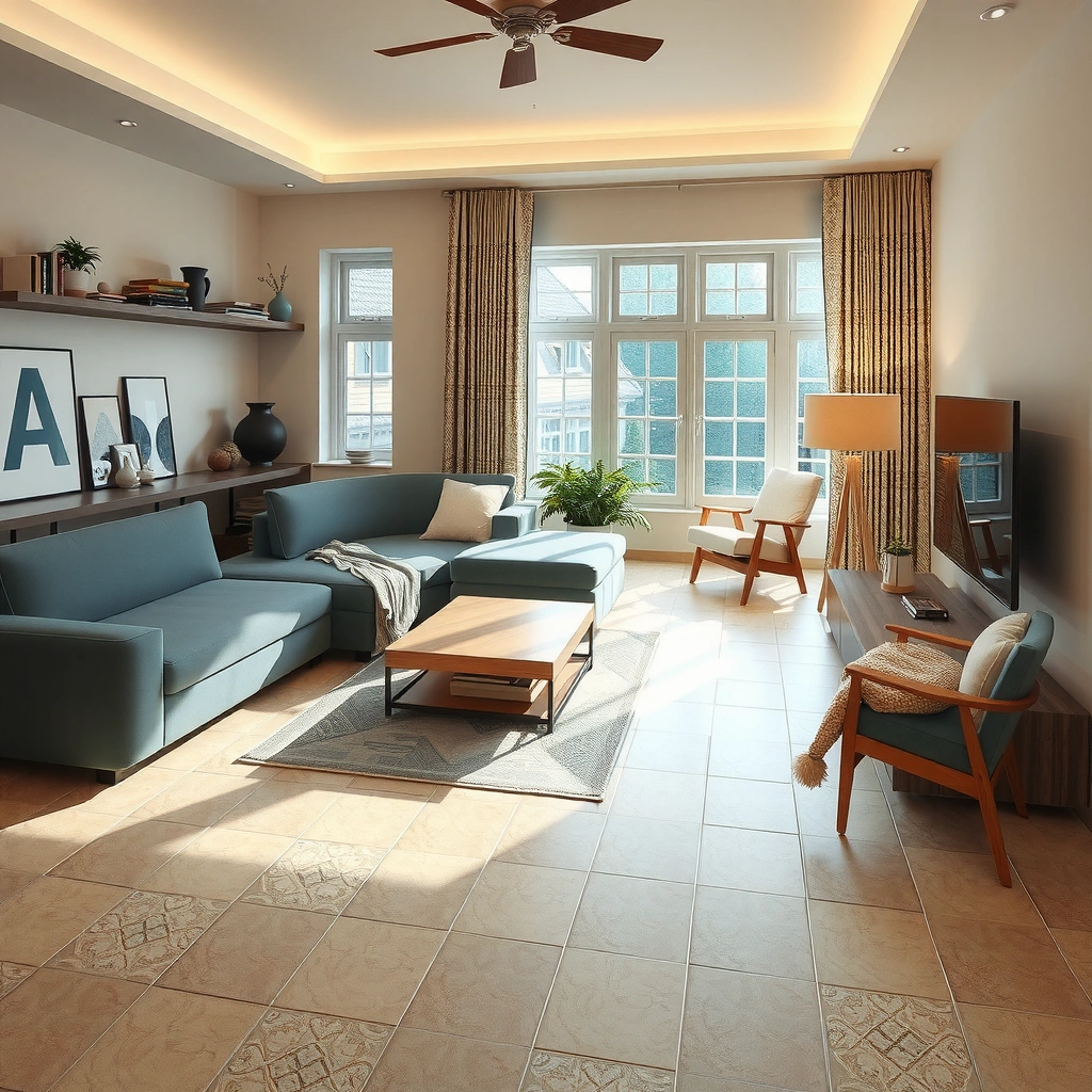 Diagram showing layout planning for living room mosaic tile floors installation.