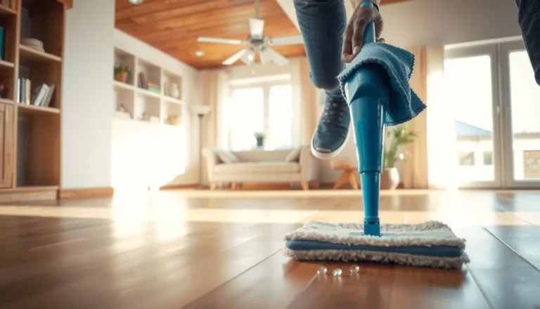 A person polishing engineered wood floors with a microfiber mop, demonstrating safe techniques.