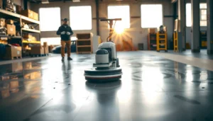 Step-by-step process for polishing industrial floors, showcasing tools and techniques.