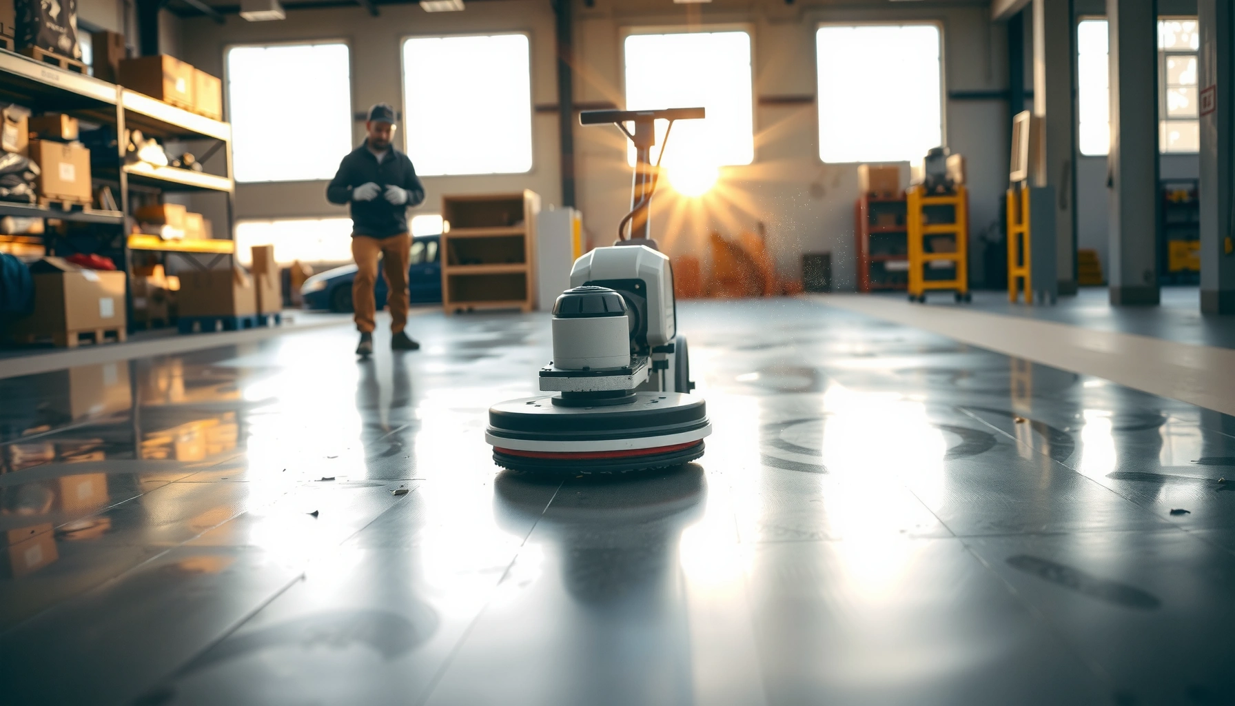 Step-by-step process for polishing industrial floors, showcasing tools and techniques.