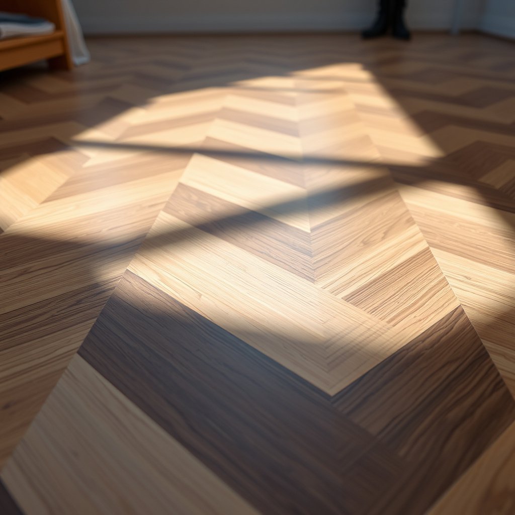 A close-up of a chevron floor being polished to remove light scratches and blend with touch-up.