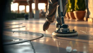 Step-by-step process for polishing outdoor floors, showcasing tools and techniques.