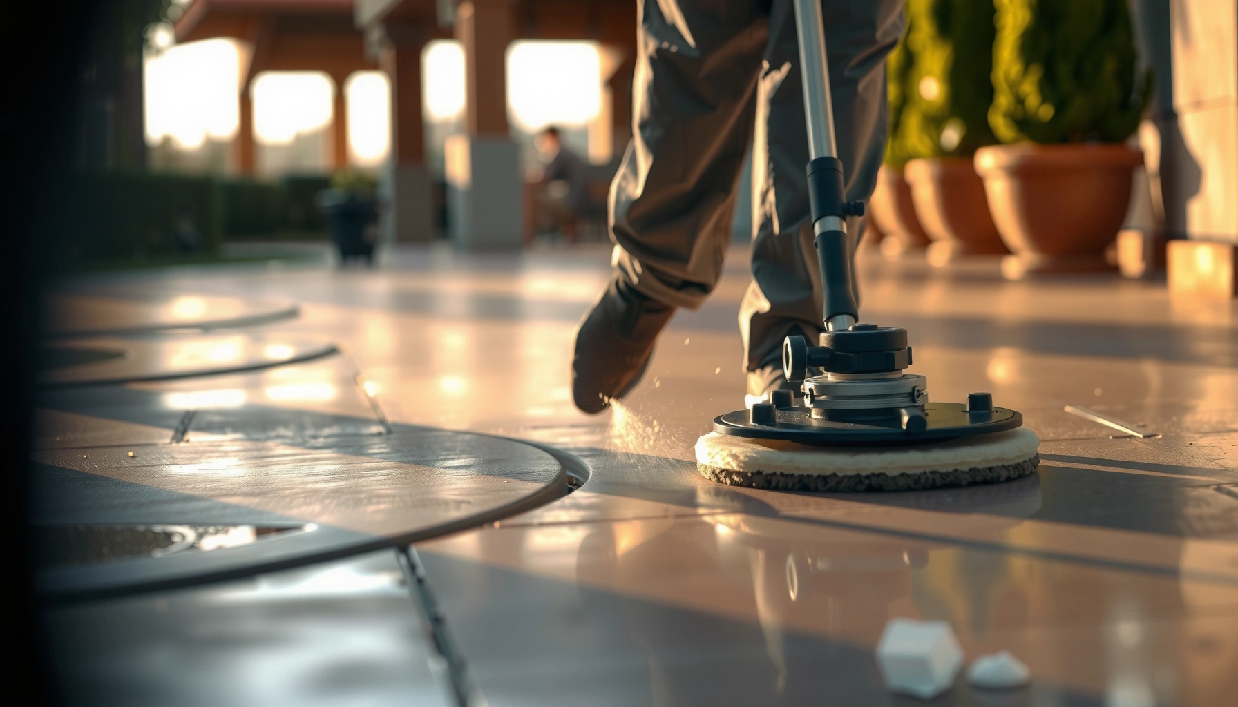 Step-by-step process for polishing outdoor floors, showcasing tools and techniques.