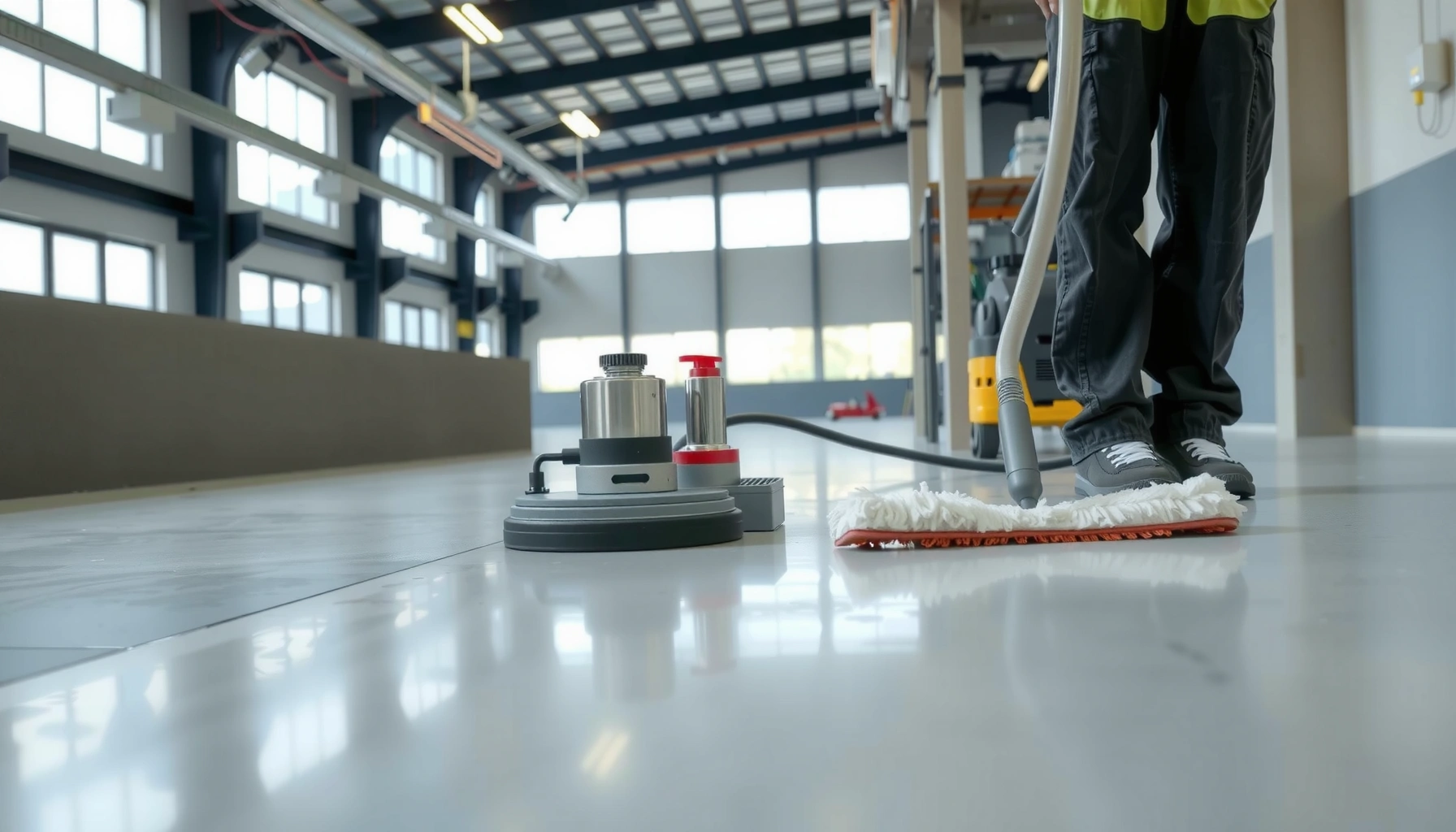 Step-by-step process for polishing polyaspartic floors to achieve a glossy finish.