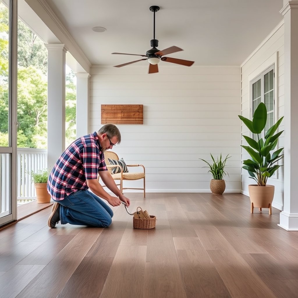 Illustration showing how to measure length, width, and boundaries for vinyl flooring on a porch.