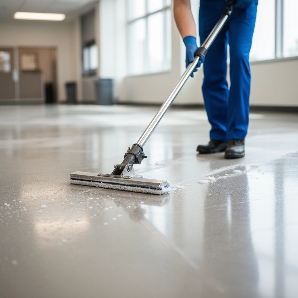 Cleaning commercial floors by clearing, pre-cleaning, and removing dry soil for deep cleaning.