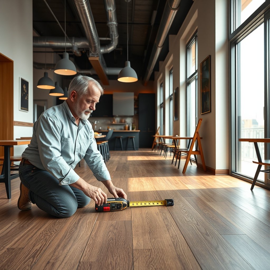 Tools and layout notes for planning laminate floor measurements in a restaurant