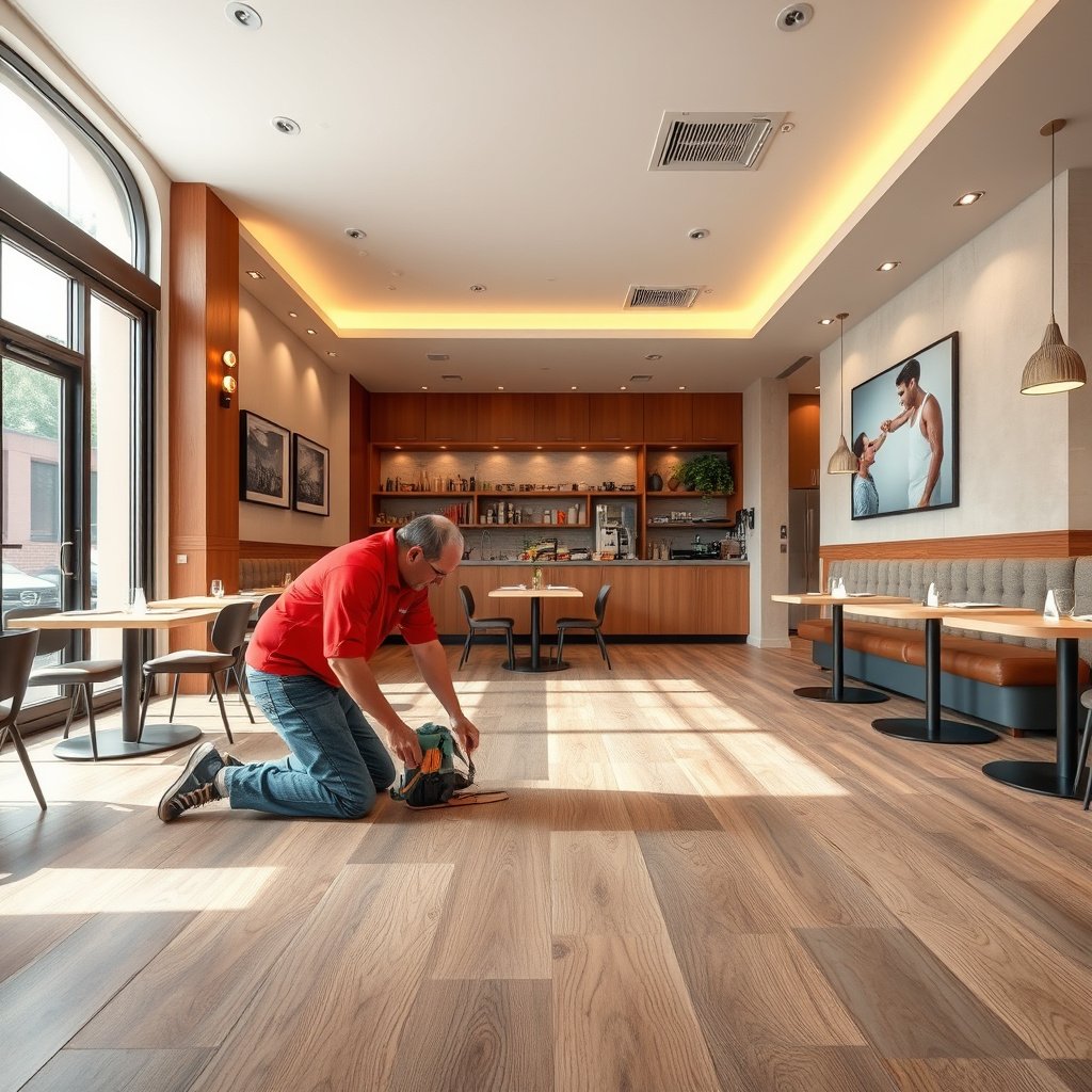 Safety measures for removing laminate floors in a restaurant, protecting people and surfaces.