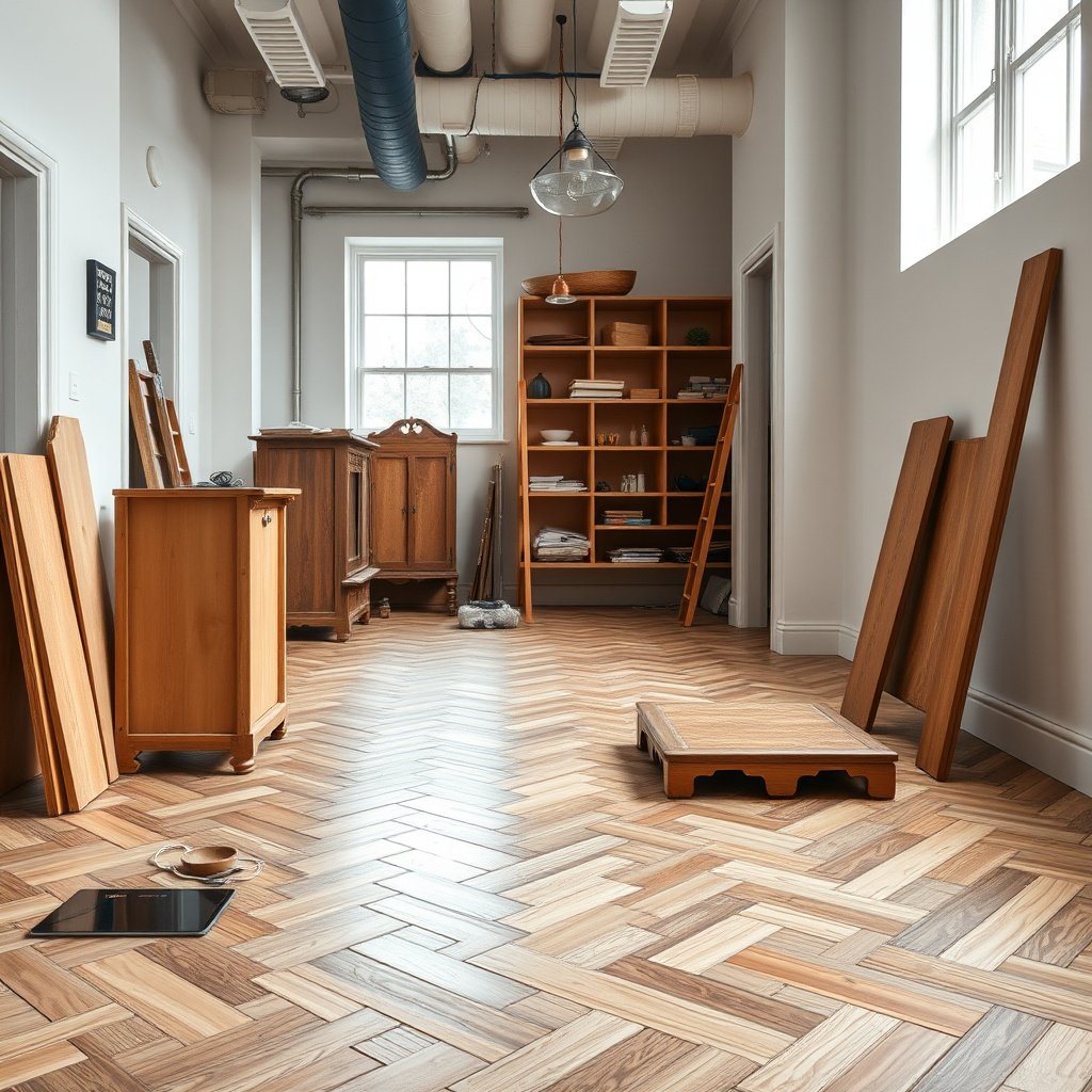 Person inspecting a herringbone floor before refinishing, highlighting preparation steps.