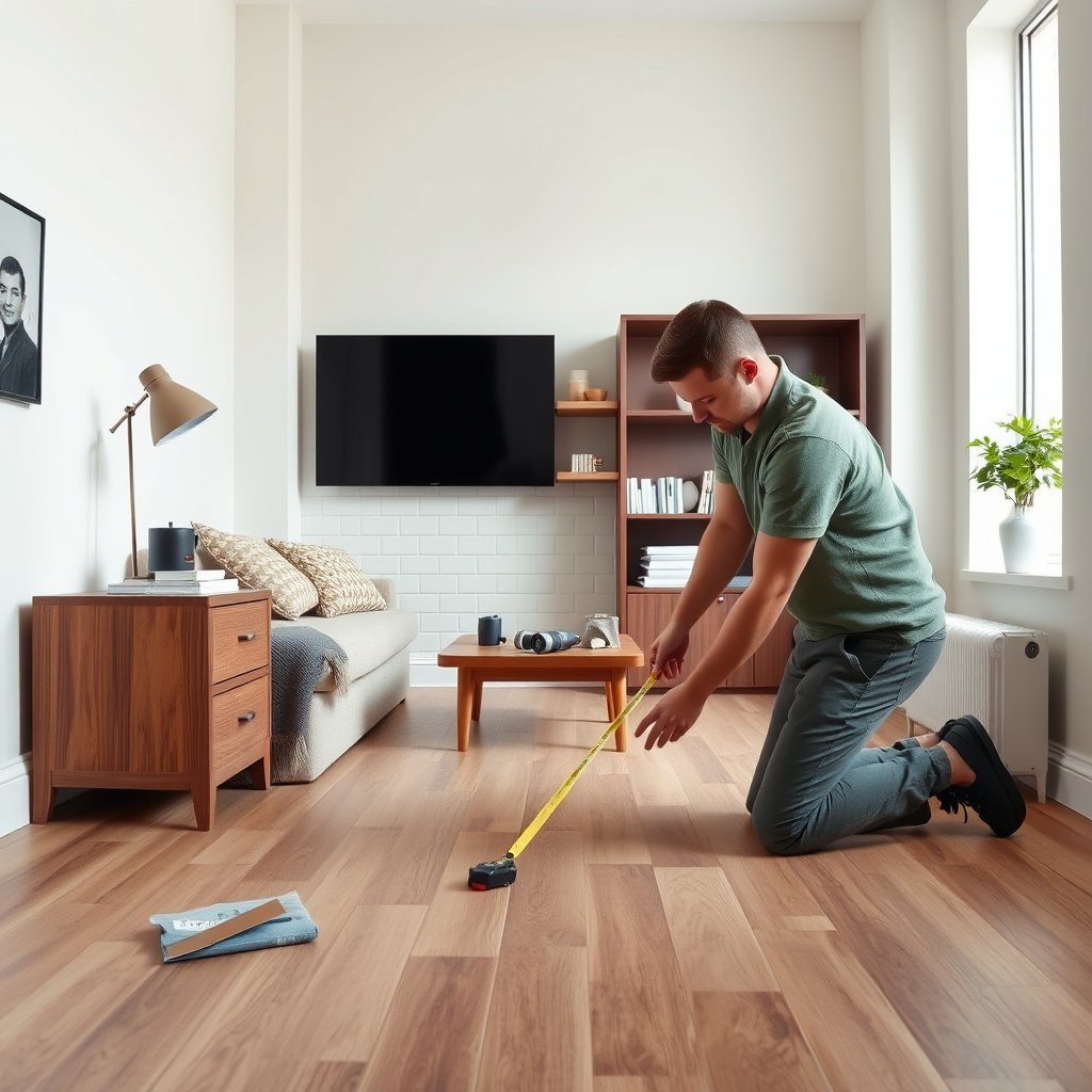 Tools and materials needed for measuring vinyl flooring in an apartment.