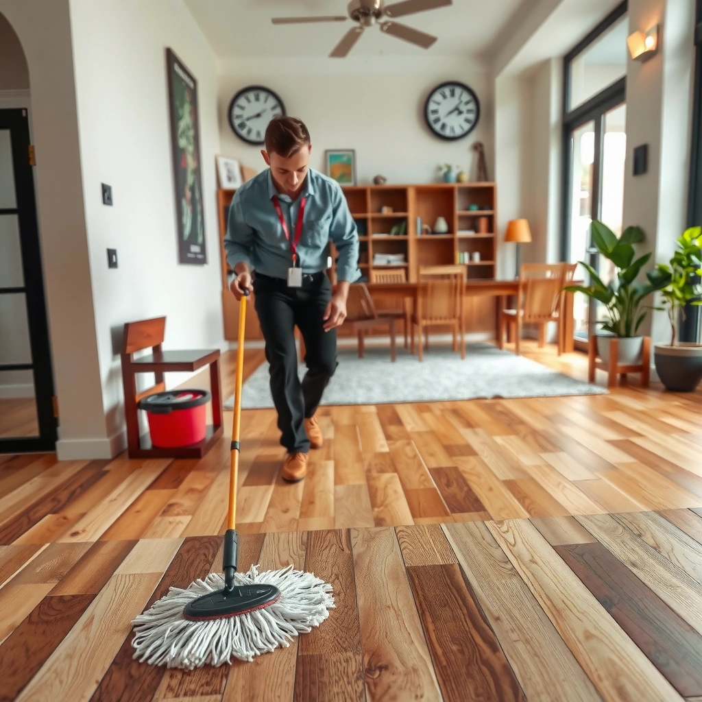 Person sweeping bamboo floor to remove grit before mopping