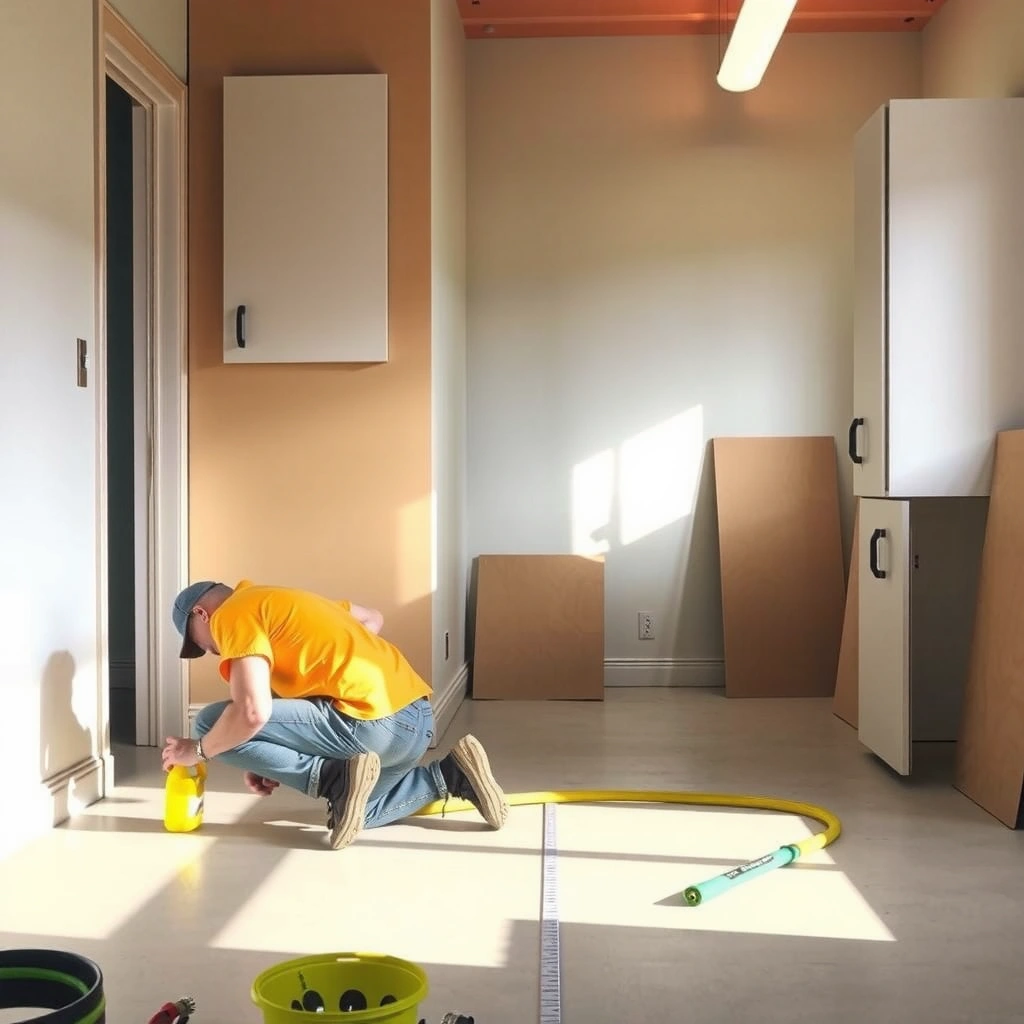 Measuring cabinet lines and protecting edges before polishing concrete floors around cabinets.