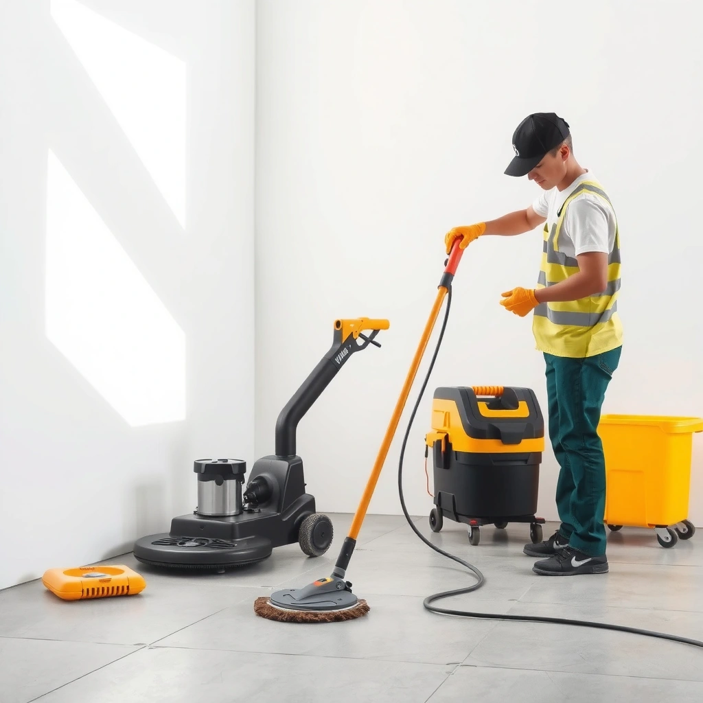 Preparation steps for mopping concrete floors, including cleaning tools and materials needed.