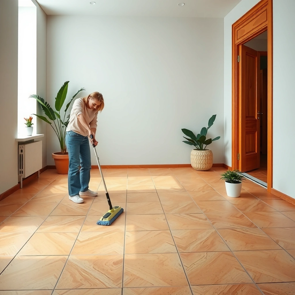 Preparing terracotta floors for mopping with cleaning supplies and tools.