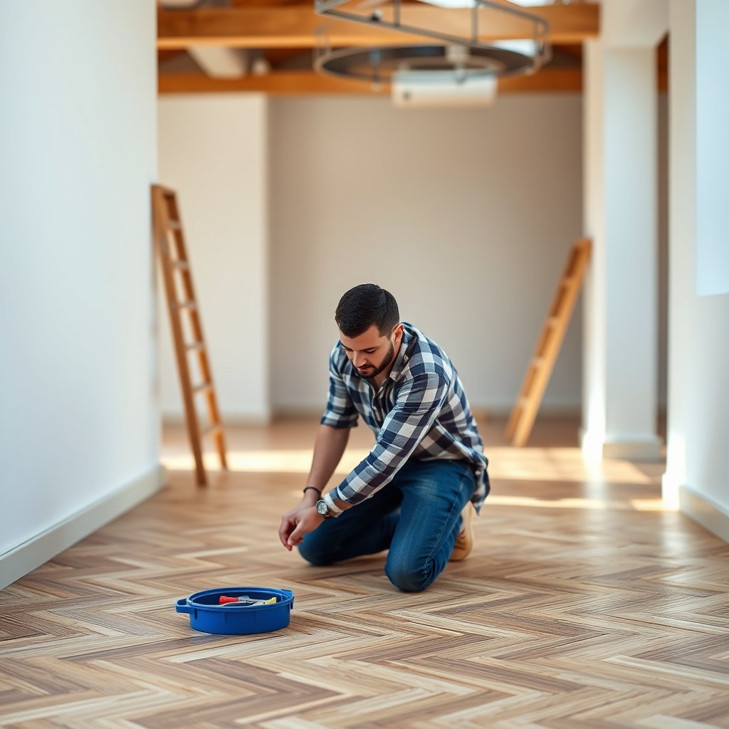 Cleaning, repairing, and leveling a concrete surface for parquet flooring installation.
