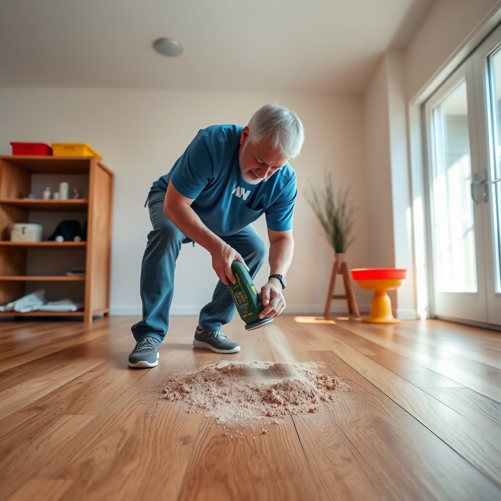 Preparing hardwood floors by checking the finish before removing sand.