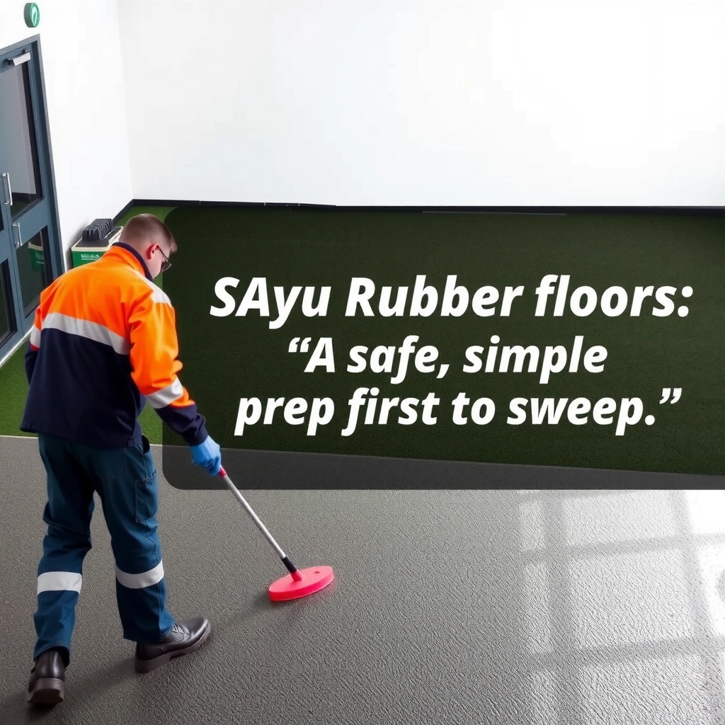 A person sweeping and vacuuming rubber floors to remove grit before cleaning.