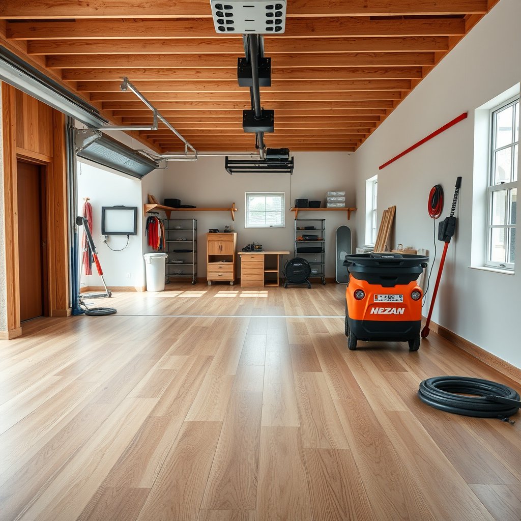 Cleaning grit and debris from engineered wood floors in a garage before maintenance