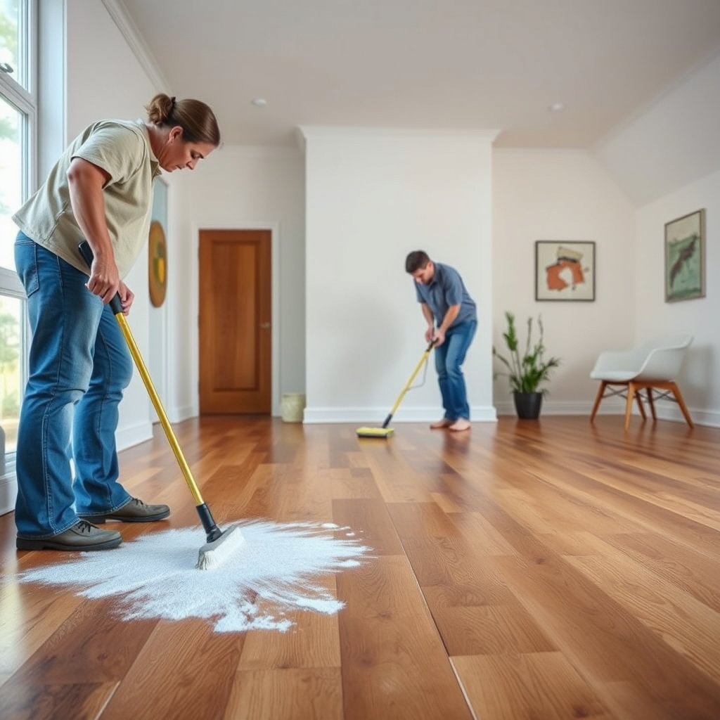 Removing grit from hardwood floors before washing to ensure a thorough deep clean.