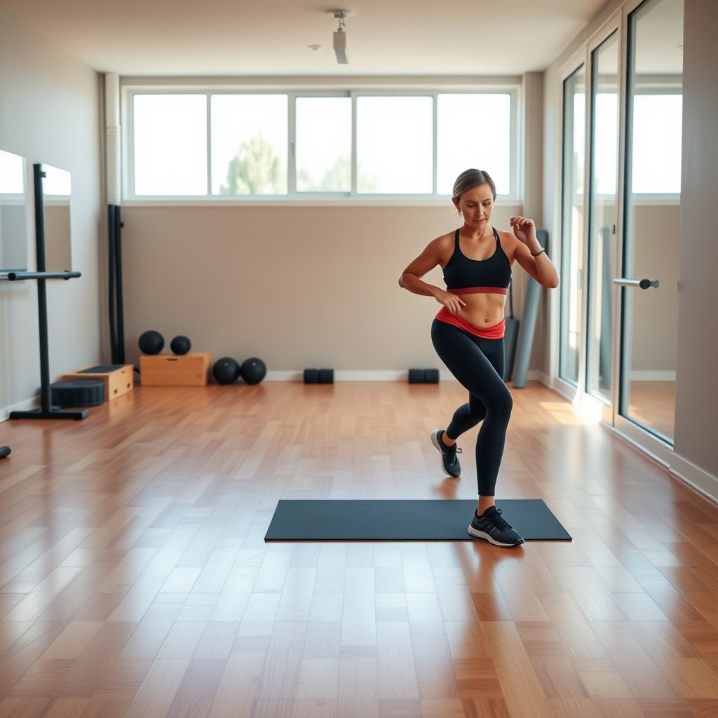 Safe setup for cleaning hardwood floors in a home gym with necessary supplies.