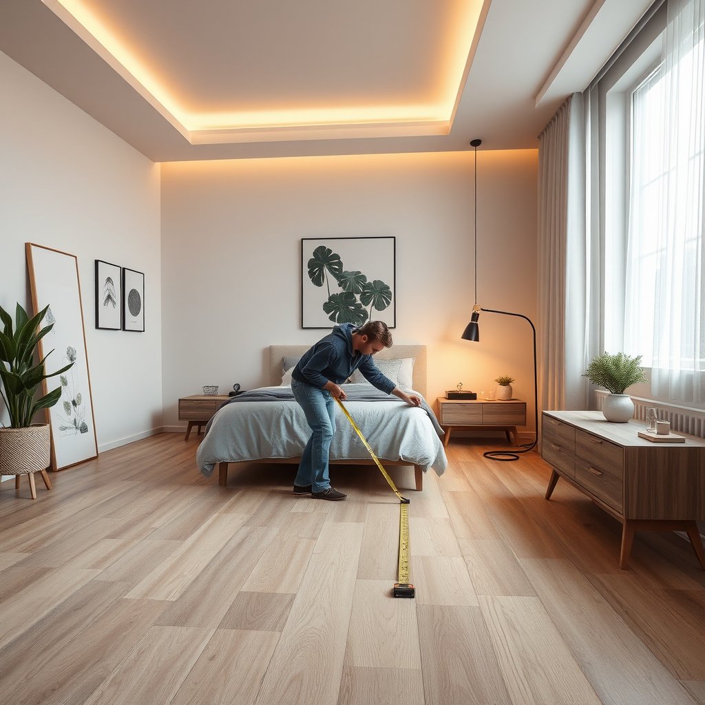 Measuring tools and a bedroom layout for laminate floor preparation in a bedroom