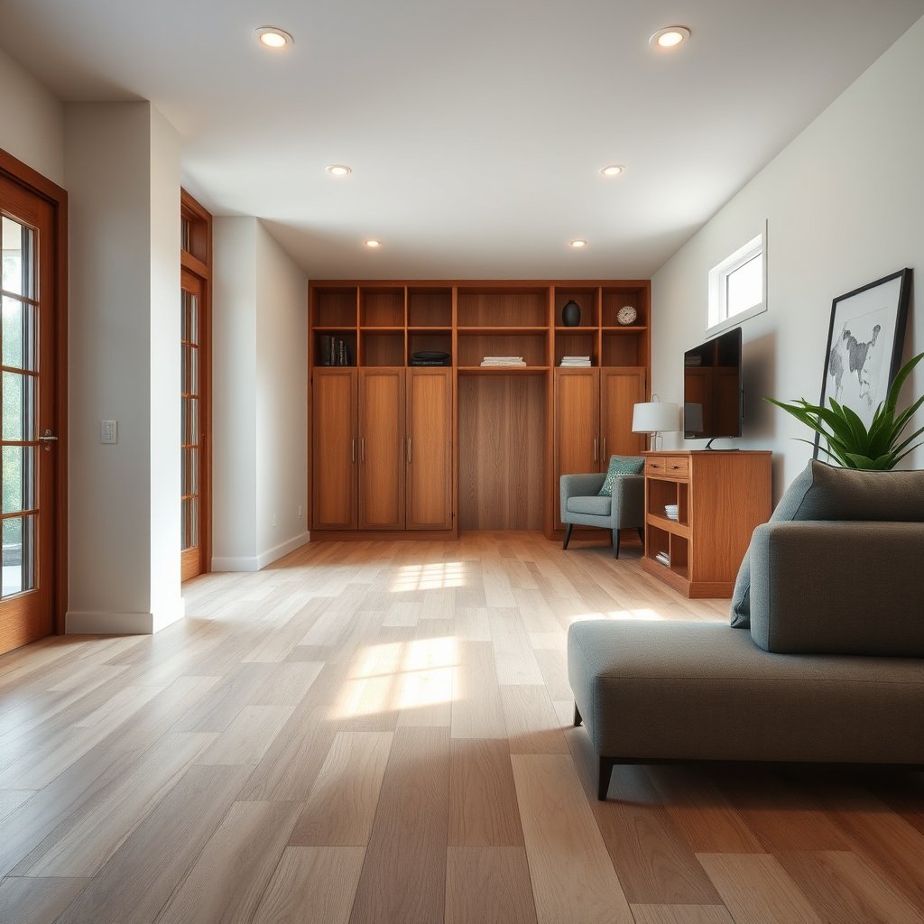 Tools and materials needed for measuring engineered wood floors in a basement.