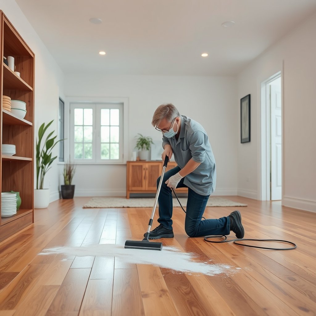 Preparing hardwood floors for safe dust removal with cleaning supplies and protective gear.