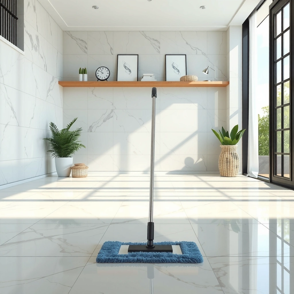 Clearing debris and protecting marble floors before mopping for safe cleaning.