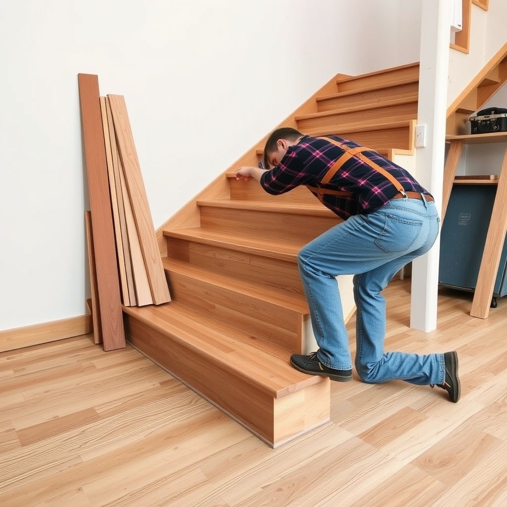 Materials and tools needed for installing wide-plank wood floors on stairs, including acclimation essentials.