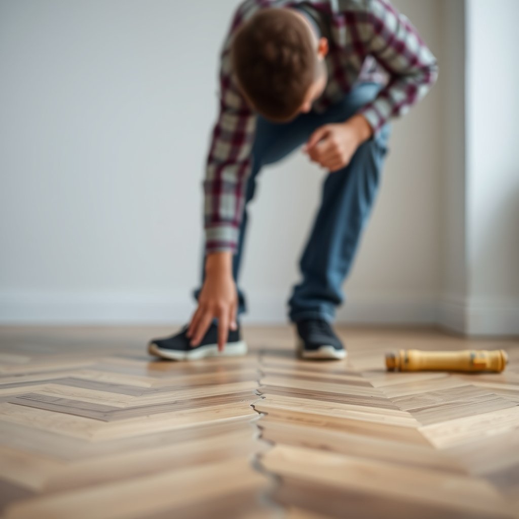 Preparation materials for fixing cracks in chevron floors, including tools and supplies.