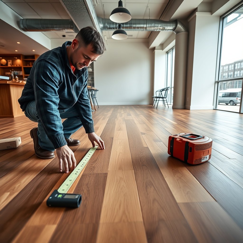 Preparing the room and mapping the layout for hardwood floor installation in a restaurant buildout