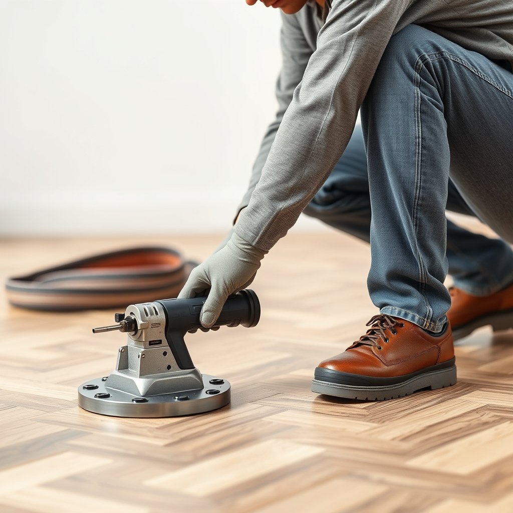 Safety preparation for fixing lifting on chevron floors before touching planks.