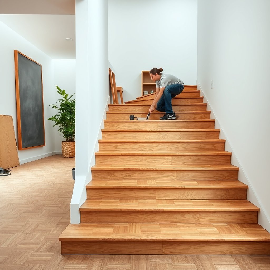 Preparing stairs and mapping layout for parquet floor installation