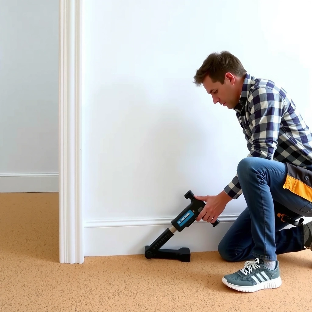 Measuring the gap and subfloor for baseboard installation with cork floors.